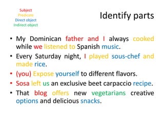 Identify partsSubjectPredicateDirect objectIndirect objectMy Dominican father and I always cooked while welistened to Spanish music.Every Saturday night, Iplayedsous-chefandmaderice.(you) Exposeyourself to different flavors.Sosaleftus an exclusive beet carpacciorecipe.That blogoffers new vegetarians creative options and delicious snacks.