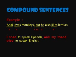 Compound sentences
Example :
Andi loves monkeys, but he also likes lemurs.
s

v

c cc s

v

I tried to speak Spanish, and my friend
tried to speak English.

 