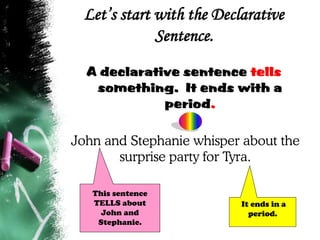 Let’s start with the Declarative
Sentence.
A declarative sentence tells
something. It ends with a
period.
John and Stephanie whisper about the
surprise party for Tyra.
It ends in a
period.
This sentence
TELLS about
John and
Stephanie.
 