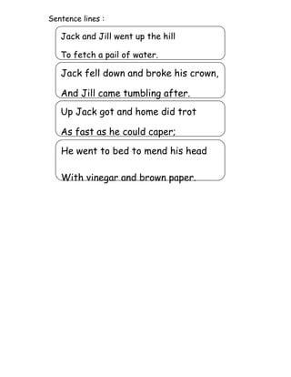 Sentence lines :

   Jack and Jill went up the hill

   To fetch a pail of water.

   Jack fell down and broke his crown,

   And Jill came tumbling after.
   Up Jack got and home did trot

   As fast as he could caper;

   He went to bed to mend his head

   With vinegar and brown paper.
 