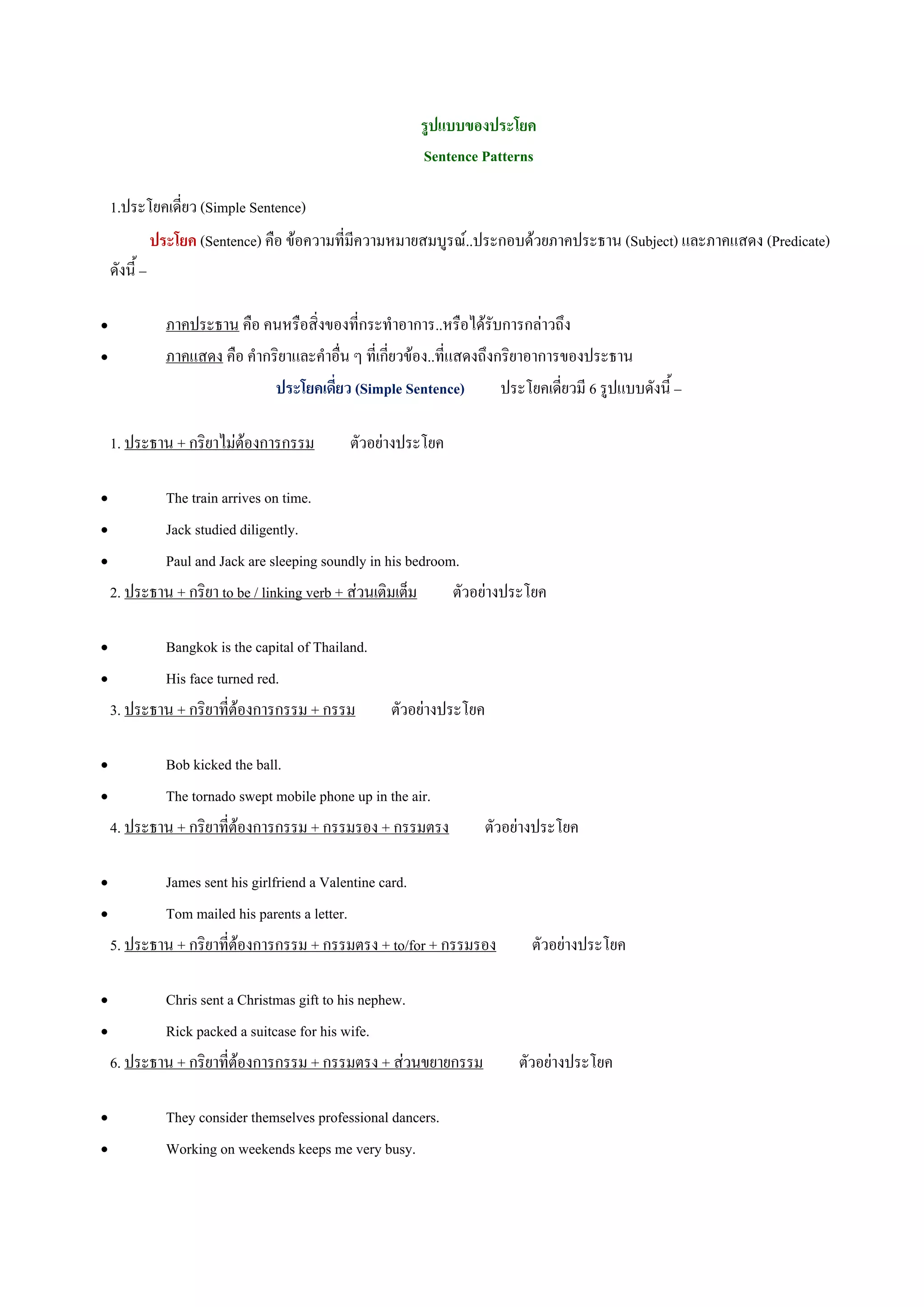 รูปแบบของประโยค
                                                             Sentence Patterns

    1.ประโยคเดี่ยว (Simple Sentence)
               ประโยค (Sentence) คือ ขอความที่มีความหมายสมบูรณ..ประกอบดวยภาคประธาน (Subject) และภาคแสดง (Predicate)
    ดังนี้ –

•                ภาคประธาน คือ คนหรือสิ่งของที่กระทําอาการ..หรือไดรบการกลาวถึง
                                                                           ั
•                ภาคแสดง คือ คํากริยาและคําอื่น ๆ ที่เกี่ยวของ..ที่แสดงถึงกริยาอาการของประธาน
                                  ประโยคเดี่ยว (Simple Sentence)             ประโยคเดี่ยวมี 6 รูปแบบดังนี้ –

    1. ประธาน + กริยาไมตองการกรรม              ตัวอยางประโยค

•         The train arrives on time.
•         Jack studied diligently.
•         Paul and Jack are sleeping soundly in his bedroom.
  2. ประธาน + กริยา to be / linking verb + สวนเติมเต็ม    ตัวอยางประโยค

•         Bangkok is the capital of Thailand.
•         His face turned red.
  3. ประธาน + กริยาที่ตองการกรรม + กรรม                ตัวอยางประโยค

•         Bob kicked the ball.
•         The tornado swept mobile phone up in the air.
  4. ประธาน + กริยาที่ตองการกรรม + กรรมรอง + กรรมตรง                    ตัวอยางประโยค

•         James sent his girlfriend a Valentine card.
•         Tom mailed his parents a letter.
  5. ประธาน + กริยาที่ตองการกรรม + กรรมตรง + to/for + กรรมรอง                   ตัวอยางประโยค

•         Chris sent a Christmas gift to his nephew.
•         Rick packed a suitcase for his wife.
  6. ประธาน + กริยาที่ตองการกรรม + กรรมตรง + สวนขยายกรรม                     ตัวอยางประโยค

•                They consider themselves professional dancers.
•                Working on weekends keeps me very busy.
 