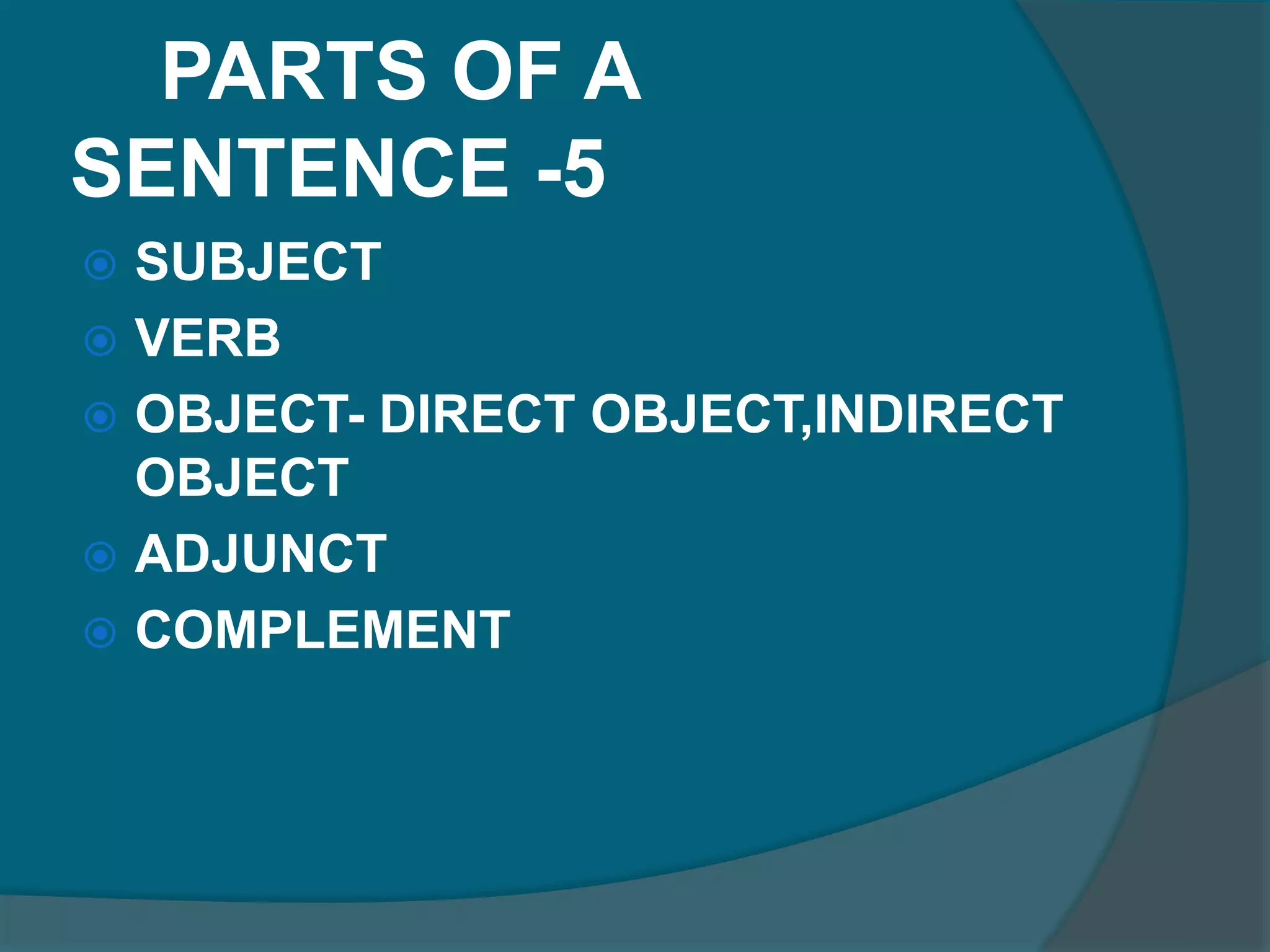 PARTS OF A
SENTENCE -5
SUBJECT
VERB
OBJECT- DIRECT OBJECT,INDIRECT
OBJECT
ADJUNCT
COMPLEMENT