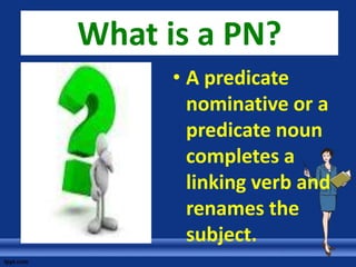What is a PN?
      • A predicate
        nominative or a
        predicate noun
        completes a
        linking verb and
        renames the
        subject.
 
