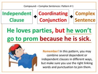Compound – Complex Sentences: Pattern # 1 
Remember! In this pattern, you may 
combine several dependent or 
independent clauses in different ways, 
but make sure you use the right linking 
words and punctuation to join them. 
Independent 
Clause 
Coordinating 
Conjunction 
Complex 
Sentence 
He loves parties, but he won’t 
go to prom because he is sick. 
