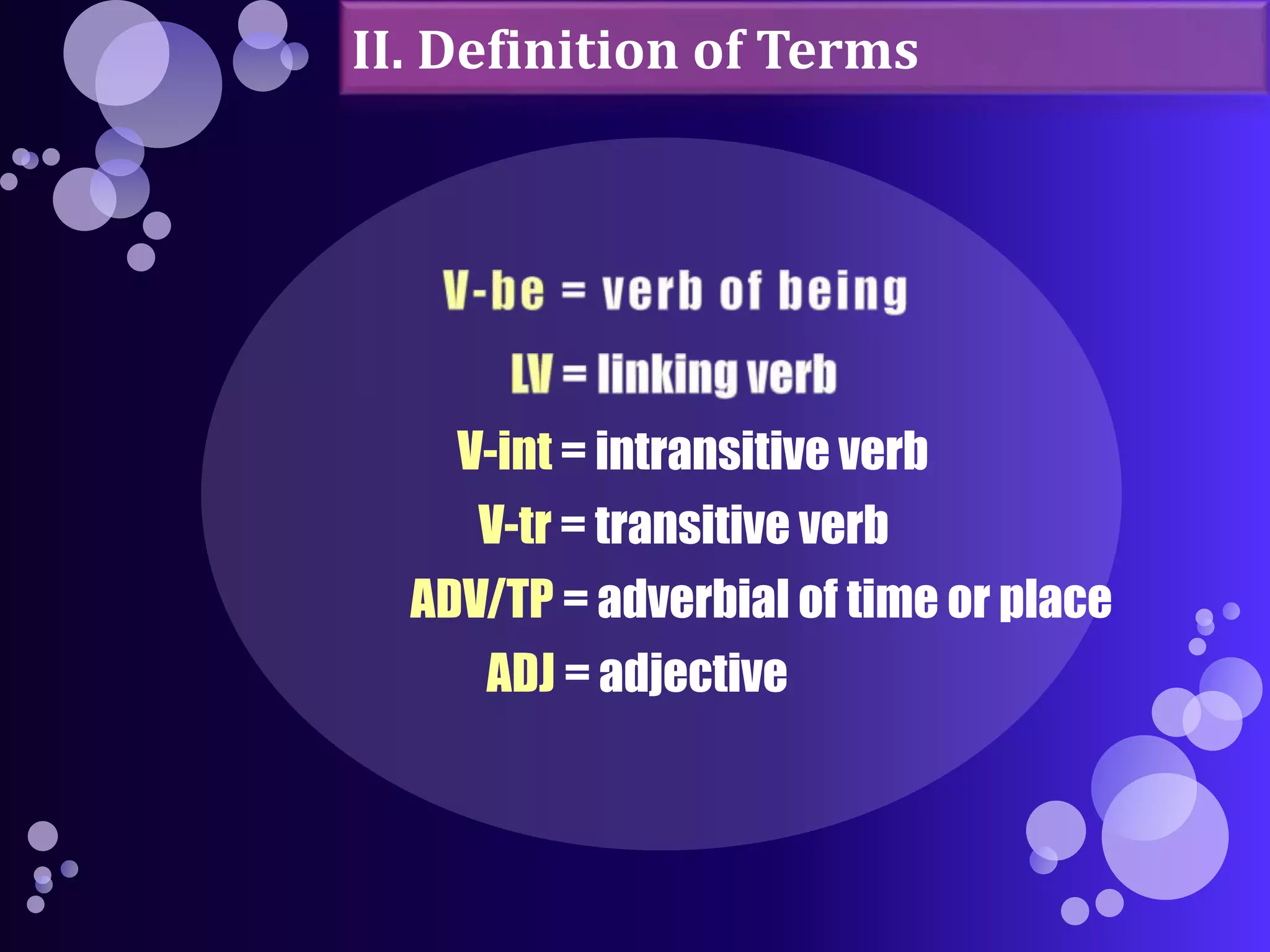 II. Definition of Terms 
V-int = intransitive verb 
V-tr = transitive verb 
ADV/TP = adverbial of time or place 
ADJ = adjective 
 