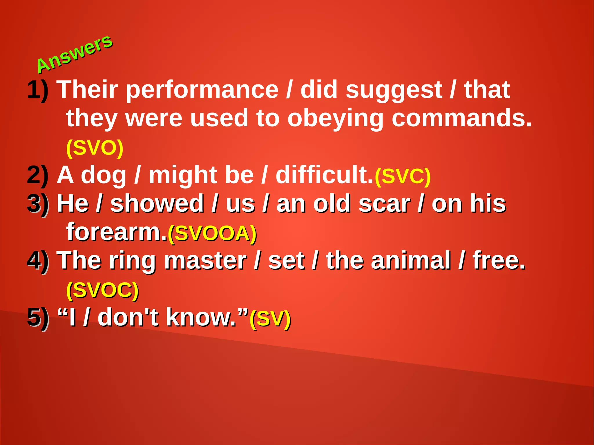 Answers
Answers
1) Their performance / did suggest / that
they were used to obeying commands.
(SVO)
2) A dog / might be / difficult.(SVC)
3)3) He / showed / us / an old scar / on hisHe / showed / us / an old scar / on his
forearm.forearm.(SVOOA)(SVOOA)
4)4) The ring master / set / the animal / free.The ring master / set / the animal / free.
(SVOC)(SVOC)
5)5) ““I / don't know.”I / don't know.”(SV)(SV)
 