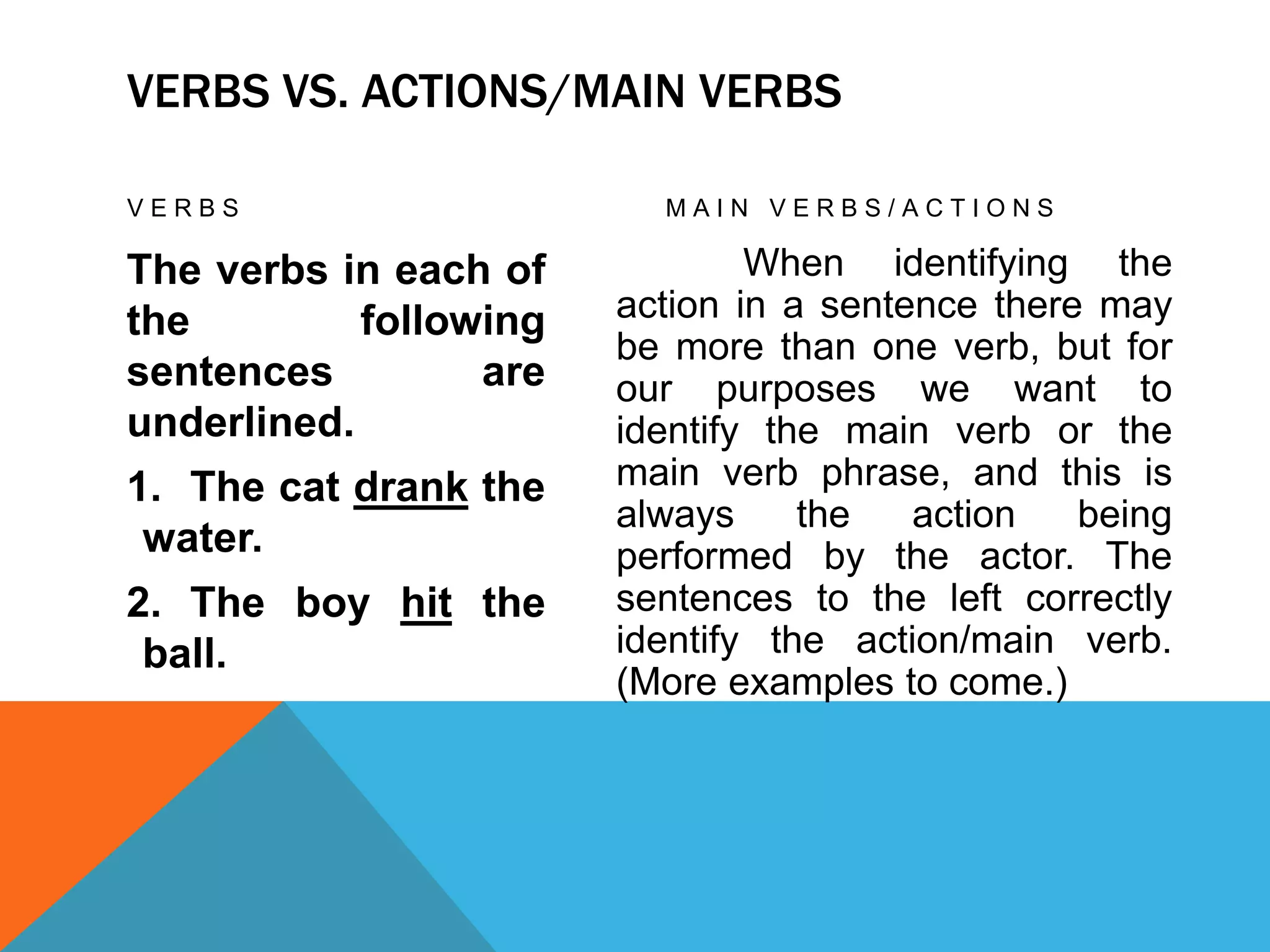 VERBS VS. ACTIONS/MAIN VERBS
V E R B S
The verbs in each of
the following
sentences are
underlined.
1. The cat drank the
water.
2. The boy hit the
ball.
M A I N V E R B S / A C T I O N S
When identifying the
action in a sentence there may
be more than one verb, but for
our purposes we want to
identify the main verb or the
main verb phrase, and this is
always the action being
performed by the actor. The
sentences to the left correctly
identify the action/main verb.
(More examples to come.)
 