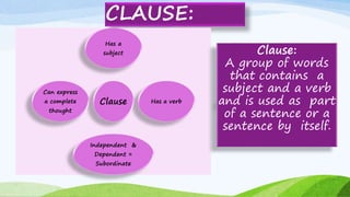 CLAUSE:
Clause
Has a
subject
Has a verb
Independent &
Dependent =
Subordinate
Can express
a complete
thought
Clause:
A group of words
that contains a
subject and a verb
and is used as part
of a sentence or a
sentence by itself.
 
