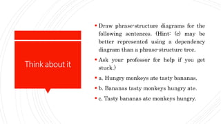 Thinkaboutit
 Draw phrase-structure diagrams for the
following sentences. (Hint: (c) may be
better represented using a dependency
diagram than a phrase-structure tree.
 Ask your professor for help if you get
stuck.)
 a. Hungry monkeys ate tasty bananas.
 b. Bananas tasty monkeys hungry ate.
 c. Tasty bananas ate monkeys hungry.
 