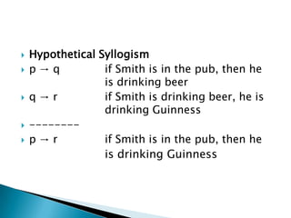 Hypothetical Syllogismp -> q		if Smith is in the pub, then he  			is drinking beerq -> r		if Smith is drinking beer, he is  			drinking Guinness--------p -> r	 	if Smith is in the pub, then he is drinking Guinness 