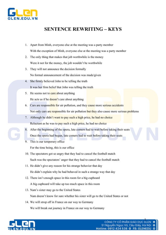 Sentence rewriting keys | PDF