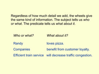 Regardless of how much detail we add, the wheels give
the same kind of information. The subject tells us who
or what. The predicate tells us what about it.
Who or what? What about it?
Randy loves pizza.
Companies benefit from customer loyalty.
Efficient train service will decrease traffic congestion.
 