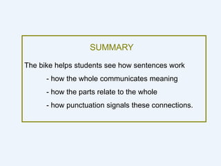SUMMARY
The bike helps students see how sentences work
- how the whole communicates meaning
- how the parts relate to the whole
- how punctuation signals these connections.
 