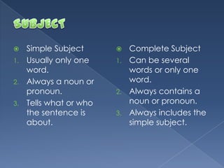  Simple Subject
1. Usually only one
word.
2. Always a noun or
pronoun.
3. Tells what or who
the sentence is
about.
 Complete Subject
1. Can be several
words or only one
word.
2. Always contains a
noun or pronoun.
3. Always includes the
simple subject.
 