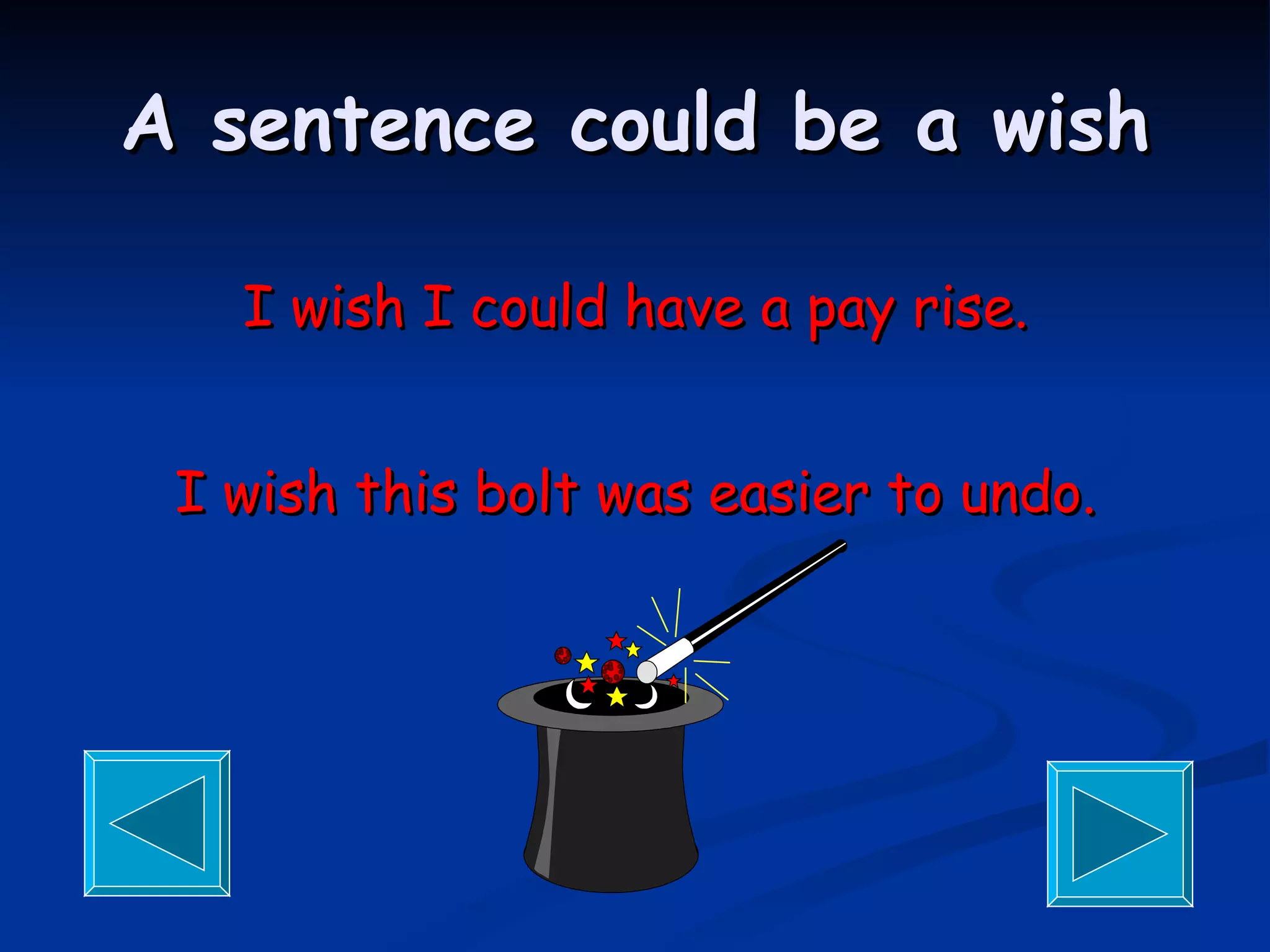 A sentence could be a wish I wish I could have a pay rise. I wish this bolt was easier to undo. 