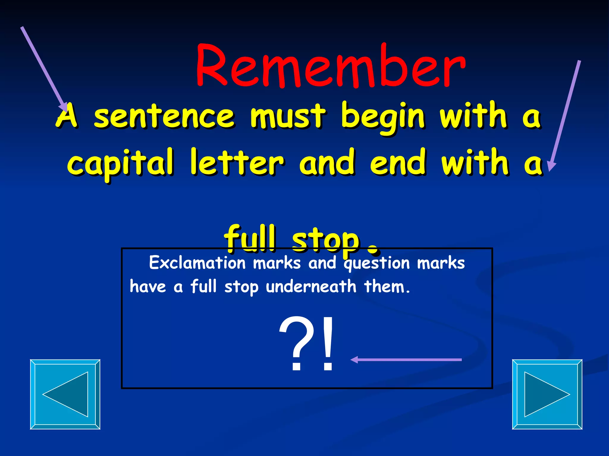 A sentence must begin with a  capital letter and end with a full stop . Exclamation marks and question marks have a full stop underneath them.   ?! Remember 