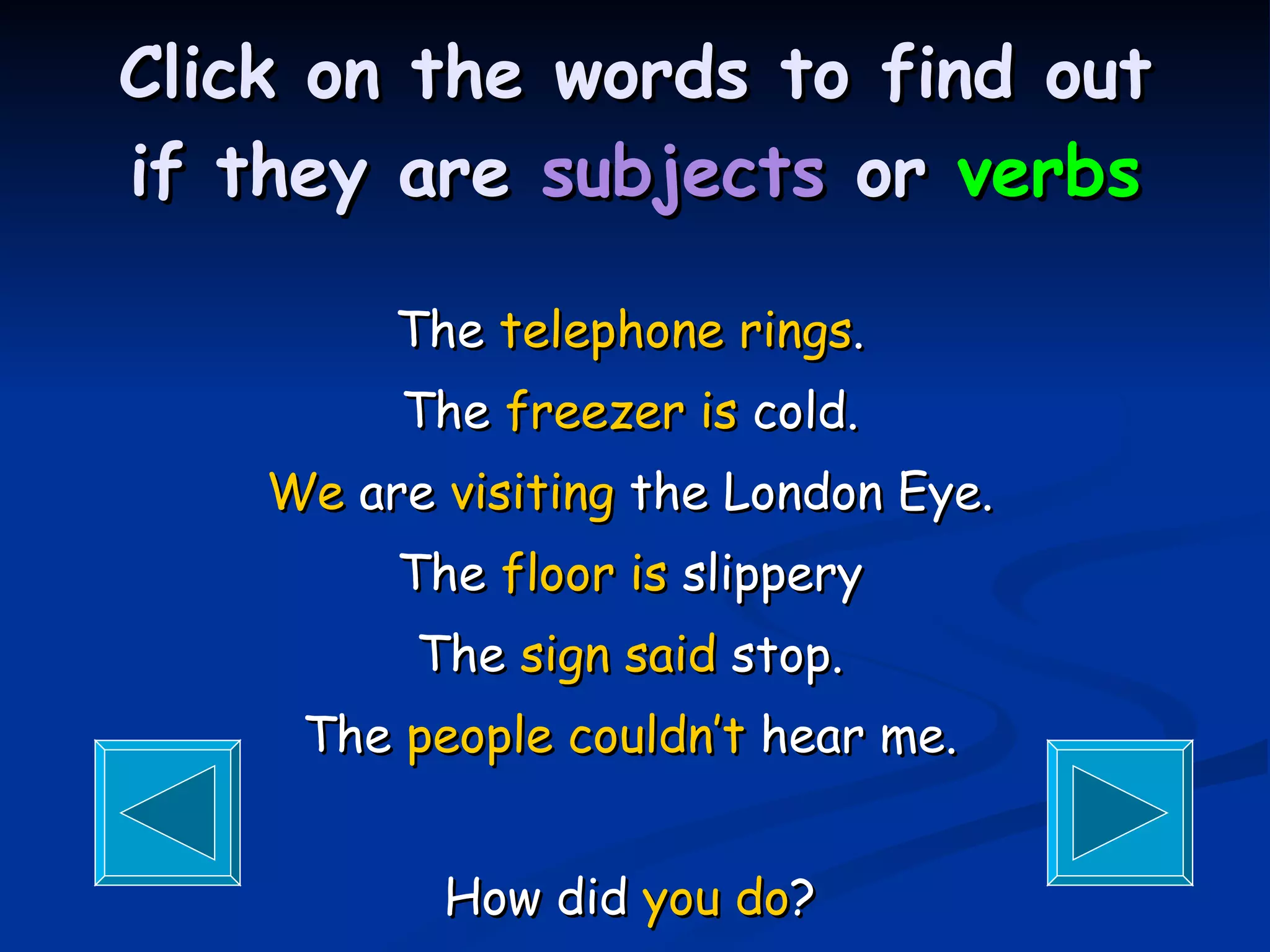 Click on the words to find out if they are  subjects  or  verbs The  telephone   rings . The  freezer   is  cold. We  are  visiting  the London Eye. The  floor   is  slippery The  sign   said  stop. The  people   couldn’t  hear me. How did  you   do ? 