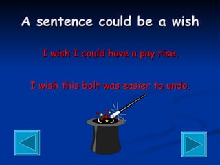 A sentence could be a wish I wish I could have a pay rise. I wish this bolt was easier to undo. 