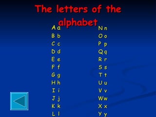 The letters of the alphabet A a B b C  c D d E e F f G g H h I i J j K k L l M m N n O o P p Q q R r S s T t U u V v W w X x Y y Z z 