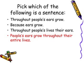 Pick which of the
following is a sentence:
• Throughout people’s ears grow.
• Because ears grow.
• Throughout people’s lives their ears.
• People’s ears grow throughout their
entire lives.
 