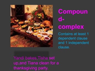 Compoun
dcomplex
Contains at least 1
dependent clause
and 1 independent
clause.

Yandi bakes,Tisha set
up,and Tiana clean for a
thanksgiving party.

 