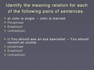 Identify the meaning relation for eachIdentify the meaning relation for each
of the following pairs of sentences.of the following pairs of sentences.
► a) John is single. – John is married.a) John is single. – John is married.
► ParaphraseParaphrase
► EntailmentEntailment
► contradictioncontradiction
► b)b) You should see an eye specialist. – You shouldYou should see an eye specialist. – You should
consult an oculist.consult an oculist.
► paraphraseparaphrase
► EntailmentEntailment
► contradictioncontradiction
 