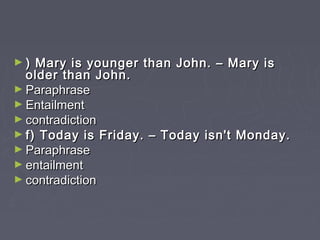 ► ) Mary is younger than John. – Mary is) Mary is younger than John. – Mary is
older than John.older than John.
► ParaphraseParaphrase
► EntailmentEntailment
► contradictioncontradiction
► f) Today is Friday. – Today isn't Monday.f) Today is Friday. – Today isn't Monday.
► ParaphraseParaphrase
► entailmententailment
► contradictioncontradiction
 