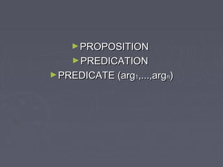 ►PROPOSITIONPROPOSITION
►PREDICATIONPREDICATION
►PREDICATE (argPREDICATE (arg11,...,arg,...,argnn))
 