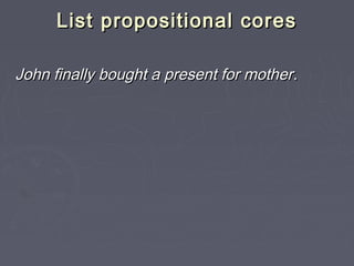 List propositional coresList propositional cores
John finally bought a present for motherJohn finally bought a present for mother..
 