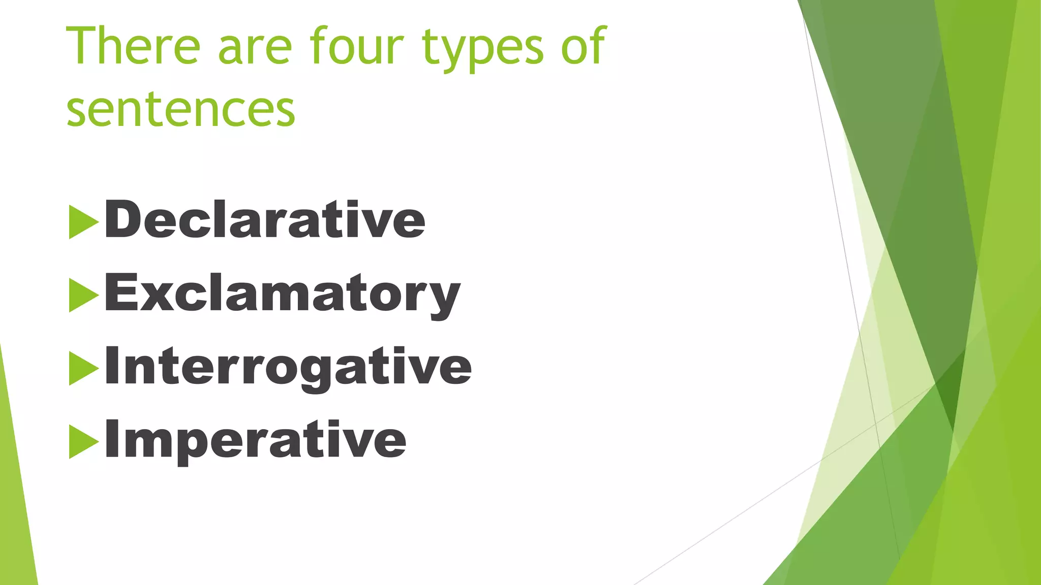 There are four types of
sentences
Declarative
Exclamatory
Interrogative
Imperative
 