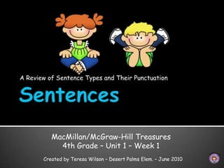A Review of Sentence Types and Their Punctuation




          MacMillan/McGraw-Hill Treasures
            4th Grade – Unit 1 – Week 1
       Created by Teresa Wilson – Desert Palms Elem. – June 2010
 