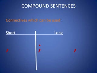 COMPOUND SENTENCES

Connectives which can be used:

Short                     Long


,                ;               ,
 