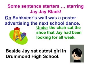 Beside Jay sat cutest girl in
Drummond High School.
Some sentence starters … starring
Jay Jay Black!
On Suhkveer’s wall was a poster
advertising the next school dance.
Under the chair sat the
shoe that Jay had been
looking for all week.
 