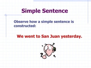Simple Sentence
Observe how a simple sentence is
constructed:


 We went to San Juan yesterday.
 