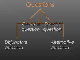 General Special
question question
Disjunctive
question

Alternative
question

 