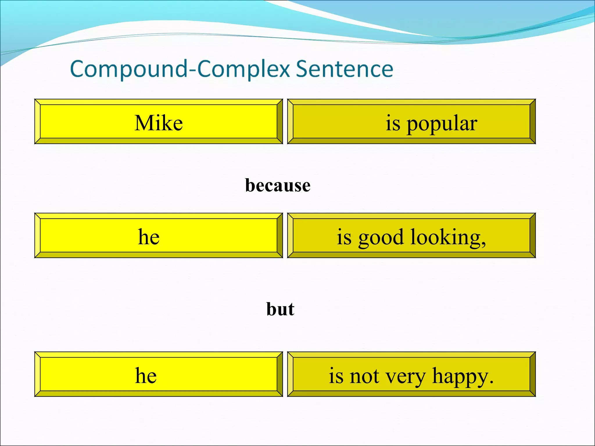 Mike

is popular
because

he

is good looking,
but

he

is not very happy.

 