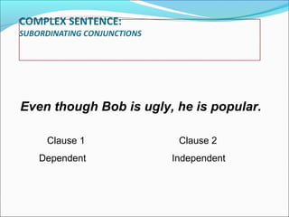 Even though Bob is ugly, he is popular.
Clause 1
Dependent

Clause 2
Independent

 