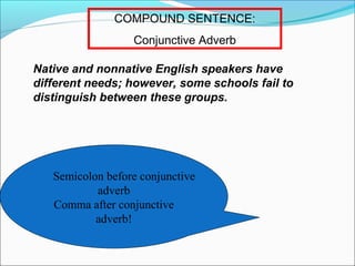 COMPOUND SENTENCE:
Conjunctive Adverb
Native and nonnative English speakers have
different needs; however, some schools fail to
distinguish between these groups.

Semicolon before conjunctive
adverb
Comma after conjunctive
adverb!

 