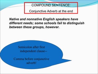 COMPOUND SENTENCE:
Conjunctive Adverb at the end
Native and nonnative English speakers have
different needs; some schools fail to distinguish
between these groups, however.

Semicolon after first
independent clause-Comma before conjunctive
adverb!

 