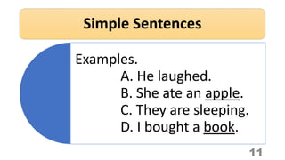 Simple Sentences
11
Examples.
A. He laughed.
B. She ate an apple.
C. They are sleeping.
D. I bought a book.
 