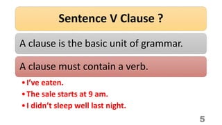 Sentence V Clause ?
5
A clause is the basic unit of grammar.
A clause must contain a verb.
•I’ve eaten.
•The sale starts at 9 am.
•I didn’t sleep well last night.
 