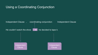 Using a Coordinating Conjunction
Independent Clause , coordinating conjunction Independent Clause
He couldn’t watch the show he decided to tape it.
, so
Independent
Clause
Independent
Clause
 