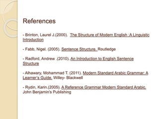 References
- Brinton, Laurel J.(2000). The Structure of Modern English :A Linguistic
Introduction
- Fabb, Nigel. (2005). Sentence Structure. Routledge
- Radford, Andrew .(2010). An Introduction to English Sentence
Structure
- Alhawary, Mohammad T. (2011). Modern Standard Arabic Grammar: A
Learner’s Guide. Willey- Blackwell
- Rydin, Karin.(2005). A Reference Grammar Modern Standard Arabic.
John Benjamin's Publishing
 
