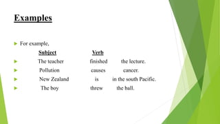 Examples
 For example,
Subject Verb
 The teacher finished the lecture.
 Pollution causes cancer.
 New Zealand is in the south Pacific.
 The boy threw the ball.
 