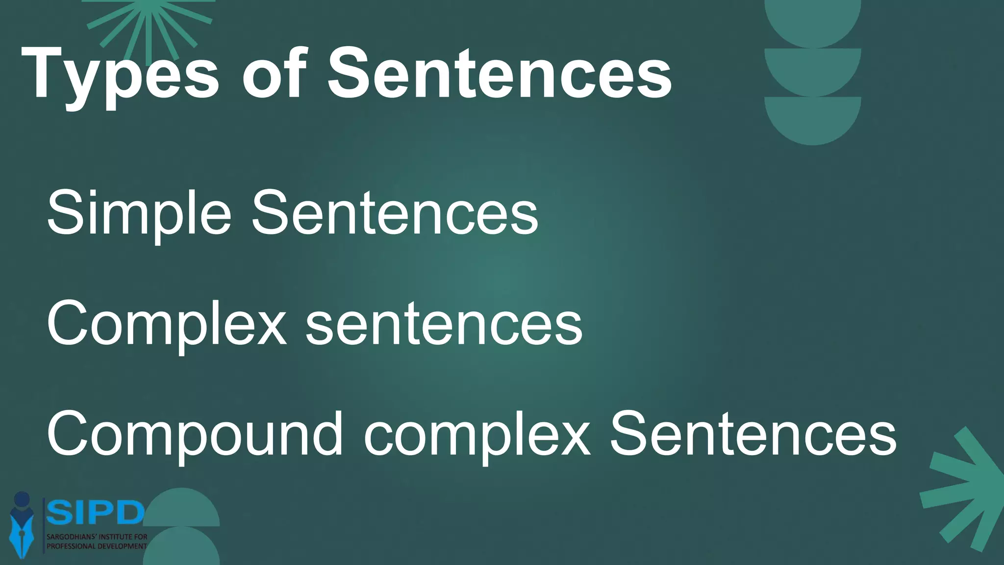 Simple Sentences
Complex sentences
Compound complex Sentences
Types of Sentences
 