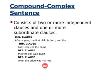 Compound-Complex
Sentence
 Consists of two or more independent
clauses and one or more
subordinate clauses.
IND. CLAUSE
A...