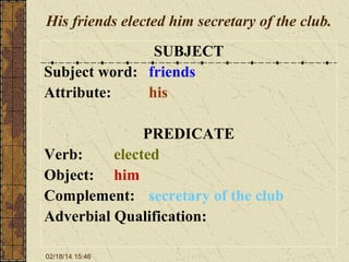 His friends elected him secretary of the club.
SUBJECT
Subject word: friends
Attribute:
his
PREDICATE
Verb:
elected
Object: him
Complement: secretary of the club
Adverbial Qualification:
02/18/14 15:46

 