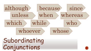 although because since
unless when whereas
which while who
whoever whose
Subordinating
Conjunctions
 