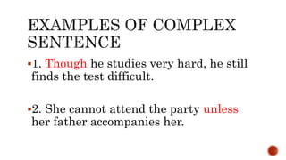 1. Though he studies very hard, he still
finds the test difficult.
2. She cannot attend the party unless
her father accompanies her.
 