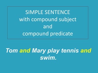 SIMPLE SENTENCE
with compound subject
and
compound predicate
Tom and Mary play tennis and
swim.
 